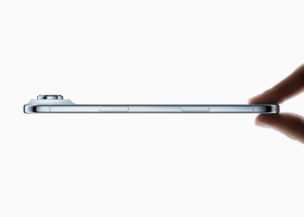 iPhone Air seen from the side, held between two fingers